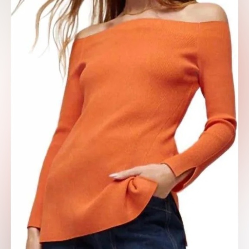 $378 NEW VERONICA BEARD ORANGE OFF-THE-SHOULDER RIBBED KNIT TOP XS